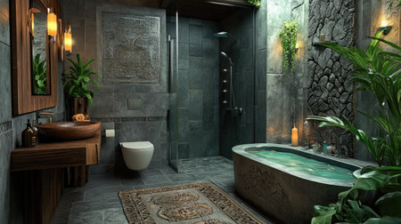 A luxurious bathroom interior with gray stone tiles, wood accents, a wall-mounted toilet, and a stylish bathtub. Modern lighting elevates the aestheticの素材