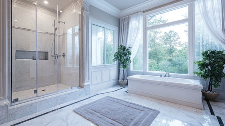 A luxurious bathroom interior featuring a walk-in glass shower, a soaking bathtub near a floor-to-ceiling window, and white marble finishesの素材