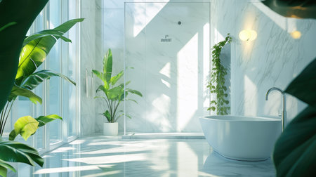 A luxurious bathroom with white marble walls, a glass shower, and a bathtub near a bright window. Greenery and soft lighting enhance the elegant designの素材