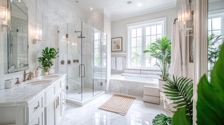 A luxurious bathroom with white marble walls, a glass shower, and a bathtub near a bright window. Greenery and soft lighting enhance the elegant designの素材
