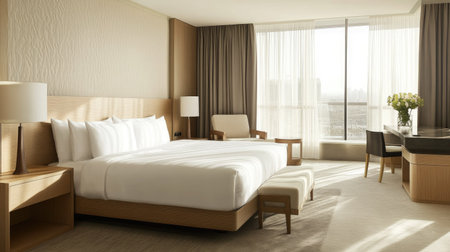 A minimalist hotel bedroom featuring a clean-lined bed, warm wood accents, and neutral decor. Large windows flood the room with natural lightの素材