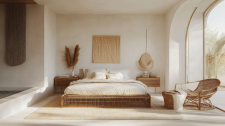 A minimalist bedroom with a rattan bed, a woven chair, and earthy decor. The natural textures bring warmth and a bohemian vibe to the spaceの素材