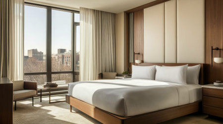 A minimalist hotel bedroom featuring a clean-lined bed, warm wood accents, and neutral decor. Large windows flood the room with natural lightの素材