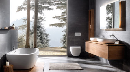 A minimalist bathroom with gray finishes, a wooden vanity, a sleek toilet, and a freestanding bathtub. The natural tones add warmth to the spaceの素材