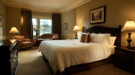 A luxurious hotel room with a king-size bed, soft linens, and ambient lighting. A seating area by the window offers a cozy space to relaxの素材