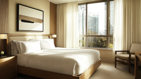 A minimalist hotel bedroom featuring a clean-lined bed, warm wood accents, and neutral decor. Large windows flood the room with natural lightの素材