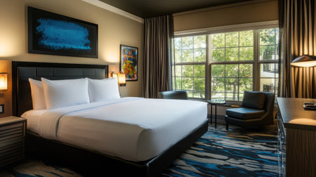 A luxurious hotel room with a king-size bed, soft linens, and ambient lighting. A seating area by the window offers a cozy space to relaxの素材