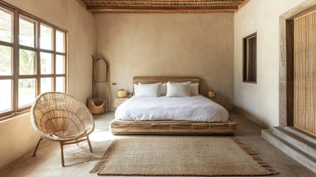A minimalist bedroom with rattan furniture, including a bed and a woven chair. Neutral decor and natural light emphasize simplicity and warmthの素材