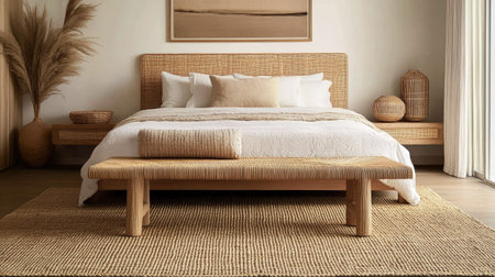 A modern bedroom with a rattan bench at the foot of the bed, a natural fiber rug, and light wood accents. A perfect balance of style and comfortの素材