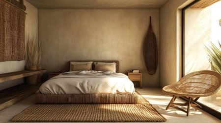 A minimalist bedroom with a rattan bed, a woven chair, and earthy decor. The natural textures bring warmth and a bohemian vibe to the spaceの素材