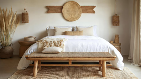 A modern bedroom with a rattan bench at the foot of the bed, a natural fiber rug, and light wood accents. A perfect balance of style and comfortの素材