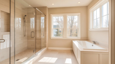 A minimalist bathroom featuring a walk-in shower, a cozy bathtub by the window, and light beige tiles. Natural light fills the airy, elegant spaceの素材