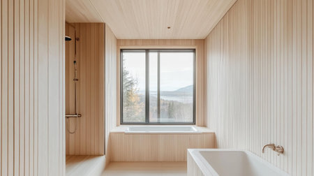 A minimalist bathroom with light wood accents, a walk-in shower, and a freestanding tub positioned by a window. Natural light creates a serene atmosphereの素材