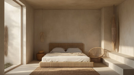 A minimalist bedroom with a rattan bed, a woven chair, and earthy decor. The natural textures bring warmth and a bohemian vibe to the spaceの素材