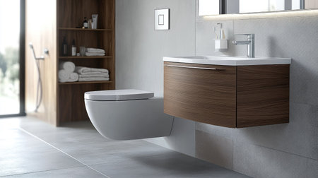 A modern bathroom interior with gray tiles, a wall-mounted toilet, and wood-textured cabinetry. A sleek bathtub adds elegance to the cozy designの素材