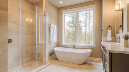 A minimalist bathroom featuring a walk-in shower, a cozy bathtub by the window, and light beige tiles. Natural light fills the airy, elegant spaceの素材