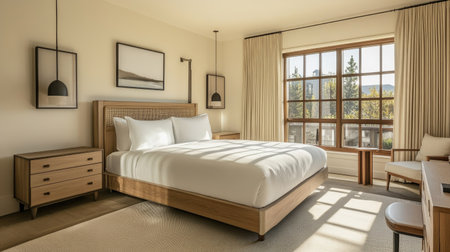 A minimalist hotel bedroom featuring a clean-lined bed, warm wood accents, and neutral decor. Large windows flood the room with natural lightの素材