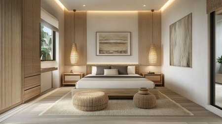 A modern bedroom with rattan accents, including a bed frame and side tables. Light wood flooring and neutral decor enhance the natural aestheticの素材