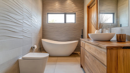 A modern bathroom design featuring gray textured walls, a wooden vanity, and a stylish toilet. A freestanding bathtub adds elegance to the minimalist spaceの素材