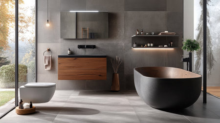A modern bathroom interior with gray tiles, a wall-mounted toilet, and wood-textured cabinetry. A sleek bathtub adds elegance to the cozy designの素材