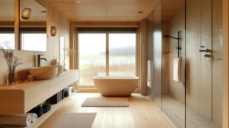 A minimalist bathroom with light wood accents, a walk-in shower, and a freestanding tub positioned by a window. Natural light creates a serene atmosphereの素材