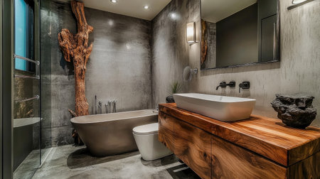 A modern bathroom design featuring gray textured walls, a wooden vanity, and a stylish toilet. A freestanding bathtub adds elegance to the minimalist spaceの素材