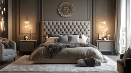 A luxurious bedroom in a five-star hotel with a tufted headboard, layered bedding, and elegant decor. A seating area adds functionality and styleの素材