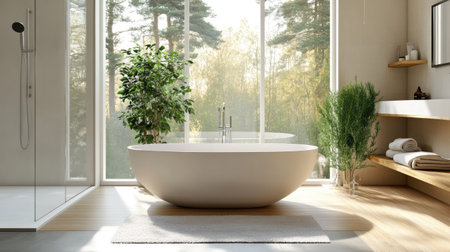 A contemporary bathroom with a walk-in shower, a white bathtub near a wide window, and light-toned decor. Minimalist details enhance the relaxing spaceの素材