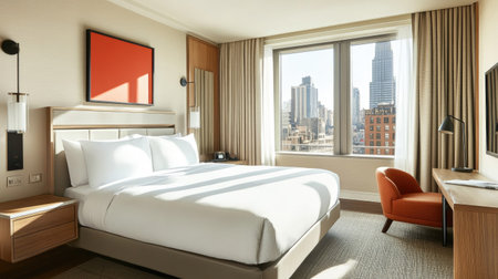 A bright, spacious hotel bedroom with a minimalist aesthetic, featuring a king-size bed, warm wood finishes, and a panoramic window viewの素材