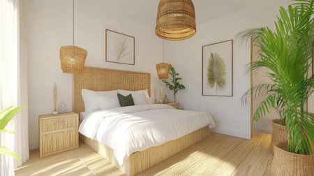 A bright and tranquil bedroom with a rattan headboard, cozy bedding, and greenery. Woven pendant lighting adds a rustic yet modern touchの素材