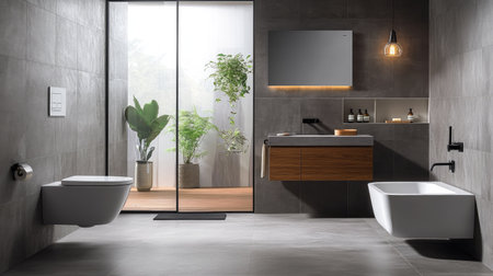 A modern bathroom interior with gray tiles, a wall-mounted toilet, and wood-textured cabinetry. A sleek bathtub adds elegance to the cozy designの素材