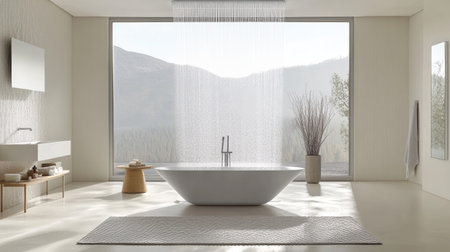 A bright and elegant bathroom with a rainfall shower, a sleek freestanding tub by a window, and minimalist white decor. Natural light highlights the designの素材