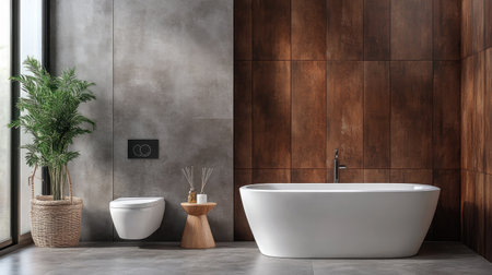 A chic bathroom interior with gray tiles, a wooden accent wall, a minimalist toilet, and a modern soaking tub. The warm tones add depth and comfortの素材