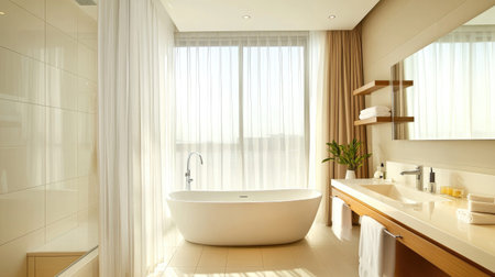A bright bathroom with a rain shower, a soaking bathtub by a window with sheer curtains, and sleek white tiles. Natural light enhances the soothing ambianceの素材