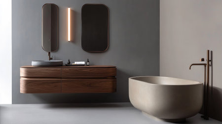 A minimalist bathroom with gray finishes, a wooden vanity, a sleek toilet, and a freestanding bathtub. The natural tones add warmth to the spaceの素材
