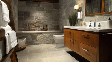 A serene bathroom featuring gray stone walls, a wooden vanity, a minimalist toilet, and a soaking tub. Natural tones and modern decor create a luxurious retreatの素材