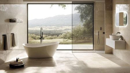 A modern spa-like bathroom with a glass shower, a freestanding tub by a large window, and light stone tiles. The minimalist design emphasizes tranquilityの素材