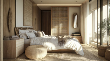 A Scandinavian-inspired bedroom with rattan furniture, minimalist decor, and soft textiles. Natural tones create a cozy and elegant atmosphereの素材
