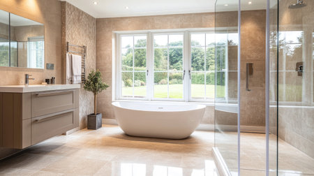 A serene bathroom with a luxurious bathtub positioned near a large window and a sleek, glass-enclosed shower. Neutral tones and soft textures add comfortの素材