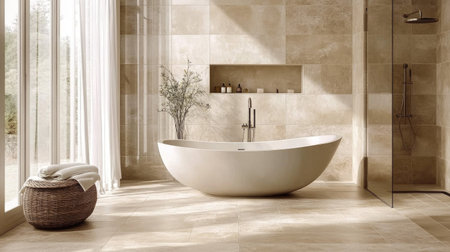 A relaxing bathroom interior with a sleek shower, a modern bathtub near a sunlit window, and light beige tiles. The space feels open and refreshingの素材