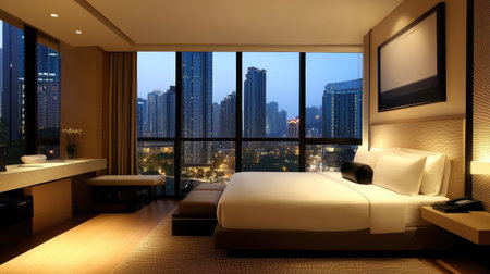 A modern hotel room with a minimalist design, a comfortable bed, and floor-to-ceiling windows. Neutral colors and warm lighting create a relaxing atmosphereの素材