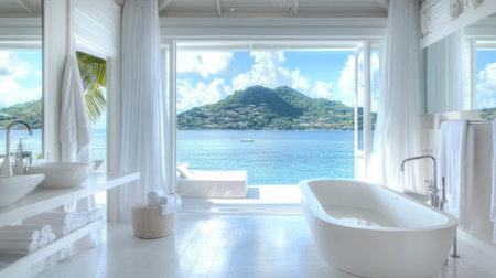 A serene bathroom with a walk-in shower, a modern bathtub near a large window with a view, and bright white decor. The light-filled design exudes luxuryの素材