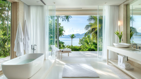 A serene bathroom with a walk-in shower, a modern bathtub near a large window with a view, and bright white decor. The light-filled design exudes luxuryの素材