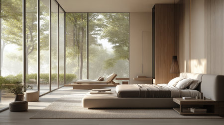 A modern hotel room with a sleek design, neutral furniture, and floor-to-ceiling windows. The comfortable bed is complemented by stylish decorの素材
