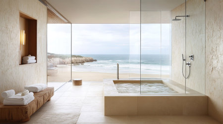 A modern spa-like bathroom with a glass shower, a freestanding tub by a large window, and light stone tiles. The minimalist design emphasizes tranquilityの素材