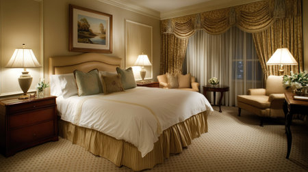 A serene hotel room with a neutral color palette, soft lighting, and a plush bed. Elegant furniture and decor complete the cozy atmosphereの素材