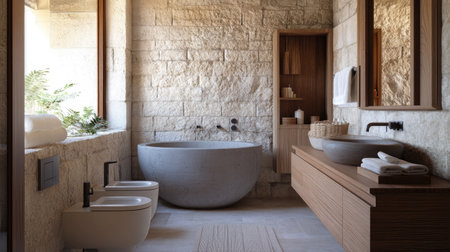 A serene bathroom featuring gray stone walls, a wooden vanity, a minimalist toilet, and a soaking tub. Natural tones and modern decor create a luxurious retreatの素材