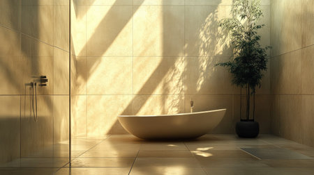 A relaxing bathroom interior with a sleek shower, a modern bathtub near a sunlit window, and light beige tiles. The space feels open and refreshingの素材