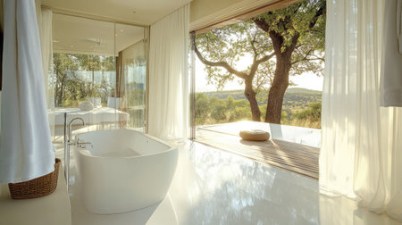 A serene bathroom with a walk-in shower, a modern bathtub near a large window with a view, and bright white decor. The light-filled design exudes luxuryの素材