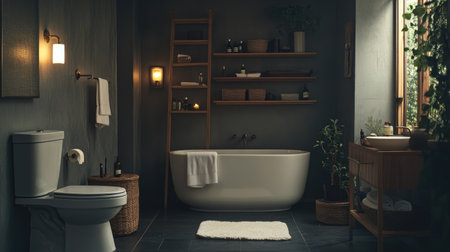 A serene bathroom with gray walls, warm wooden shelving, a sleek toilet, and a soaking bathtub. Subtle lighting creates a cozy ambianceの素材